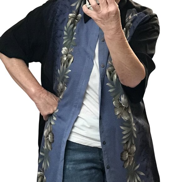 Pierre Cardin Two-Tone Rayon Shirt: Tropical Floral Blue Black, Men’s Size Large - Picture 5 of 8